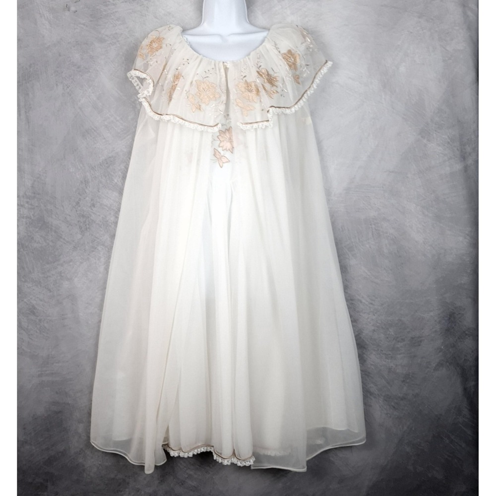 Vintage Peignoir Robe Gown Set Womens 34 White Floral Butterfly Sheer Romantic